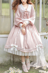 Robe OP Sweet Lolita à col de poupée rose avec nœud, manches longues, taille haute et volants
